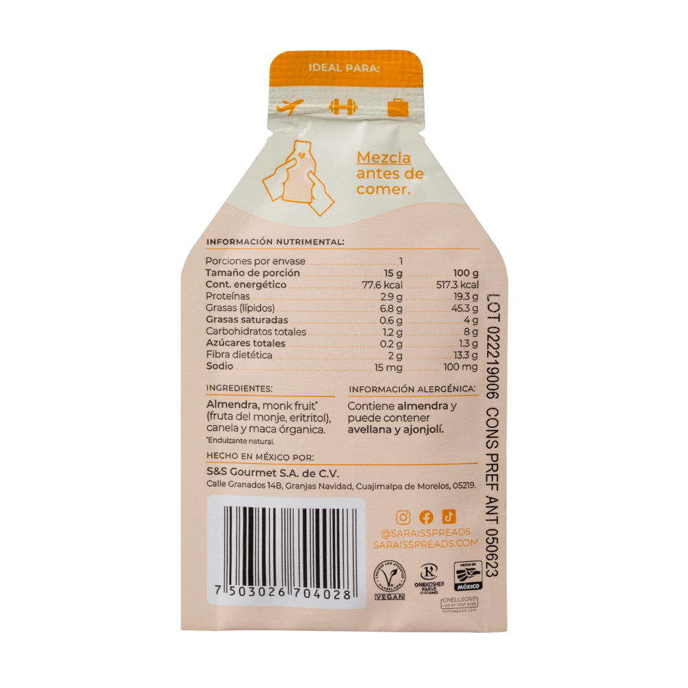 SACHET CREMA DE ALMENDRA MACA-CANELA 15G