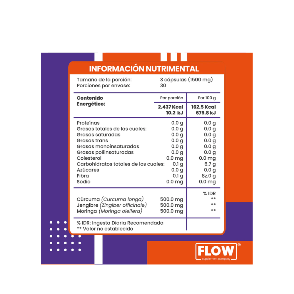 CAPSULAS CURCUMA, JENGIBRE, MORINGA FLOW