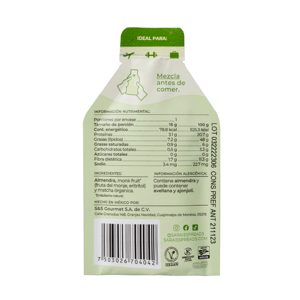 SACHET CREMA DE ALMENDRA MATCHA 15G